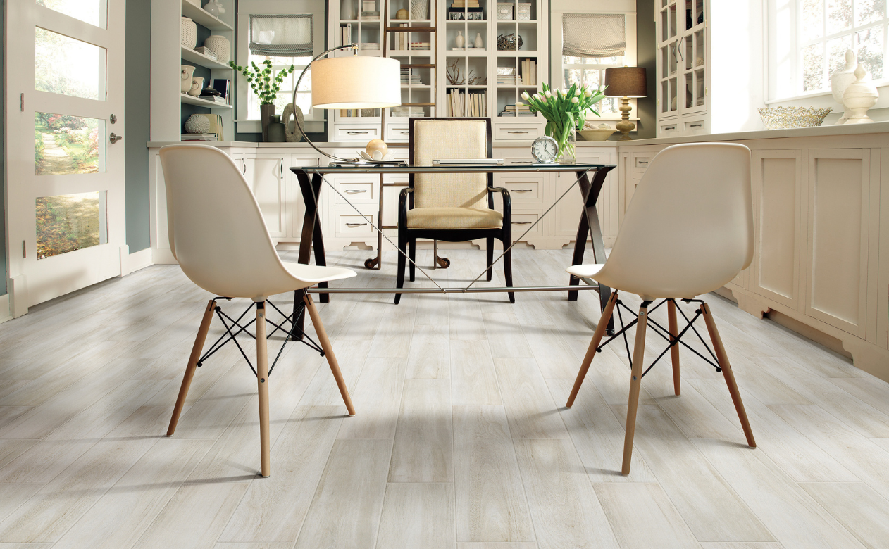 wood look tile flooring in a study